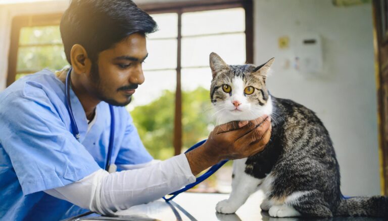 Firefly Give me image of an indian vet treating a cat. The vet should be a male. The pet should be a