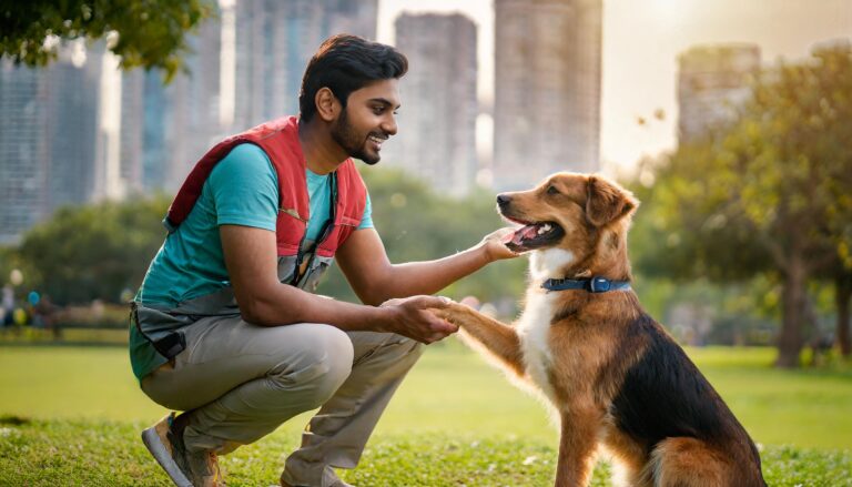 Firefly Give me the image of a dog happily being trained by an indian brown skinned male dog trainer