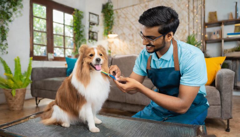 Firefly Indian pet groomer giving grooming services at home. The home should be a modern house with