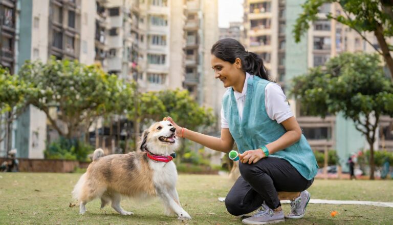 Firefly Indian pet trainer teaching pet how to fetch in the park inside a housing society with build (1) (1)